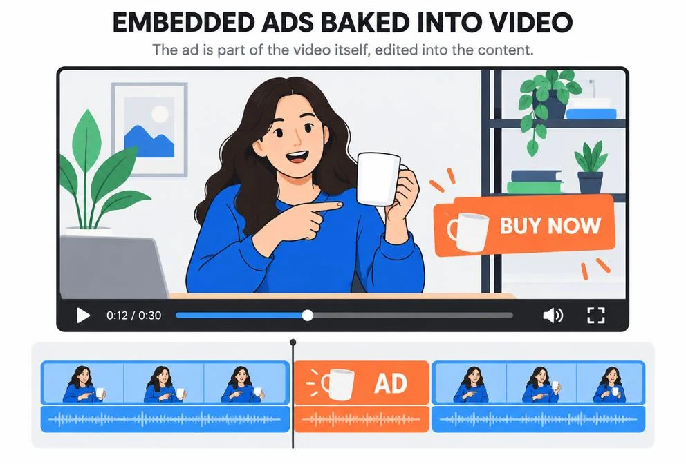 Embedded ads example: a Buy Now banner is inside a creator's mug video, with an advertising segment edited into the video timeline.