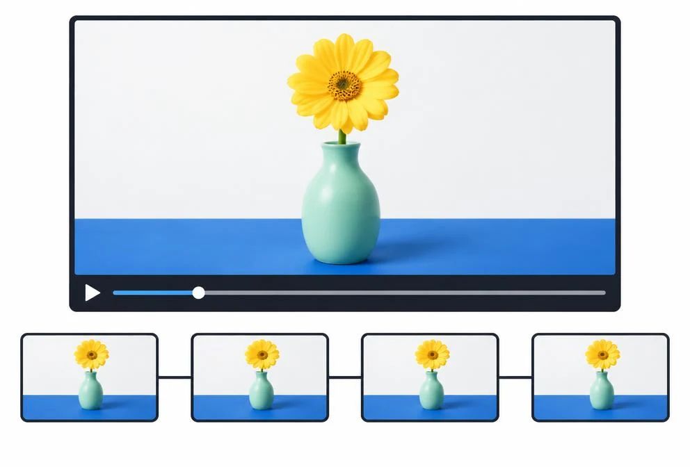 Static video example: a flower in a vase stays identical across every frame of the video timeline.
