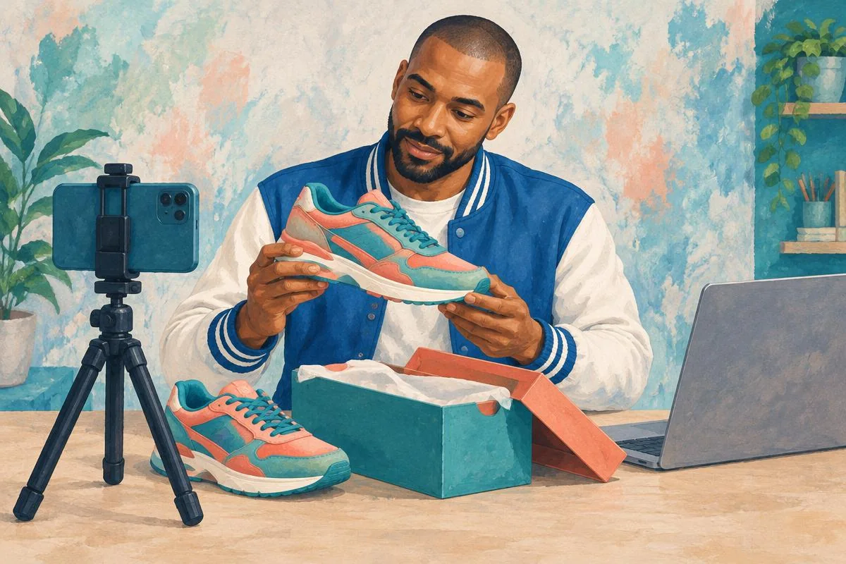 Andre reviewing an unbranded sneaker beside its box and a partnership laptop.