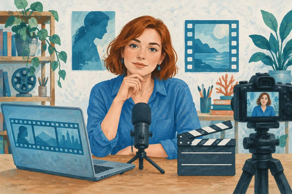 Bianca recording an original movie review with a microphone and film clapper.