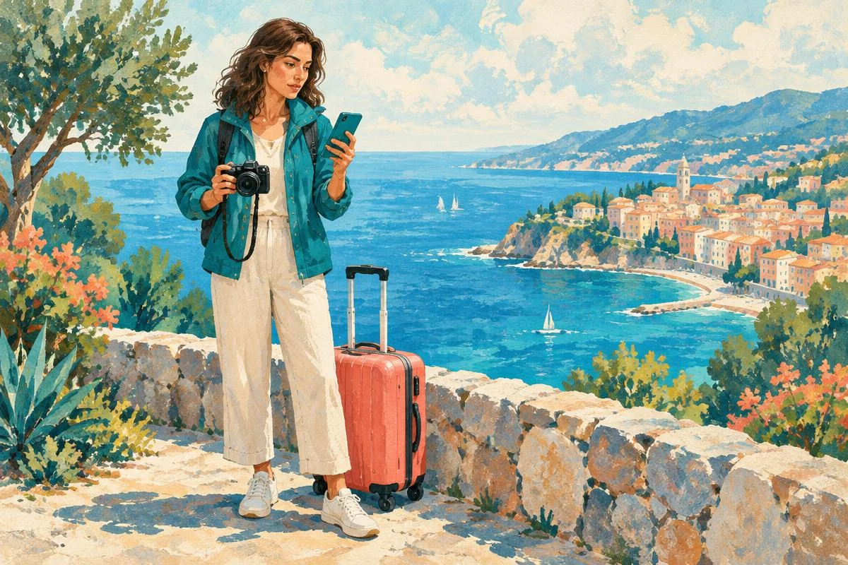 Elena checking her phone at a coastal overlook with her travel camera and suitcase.