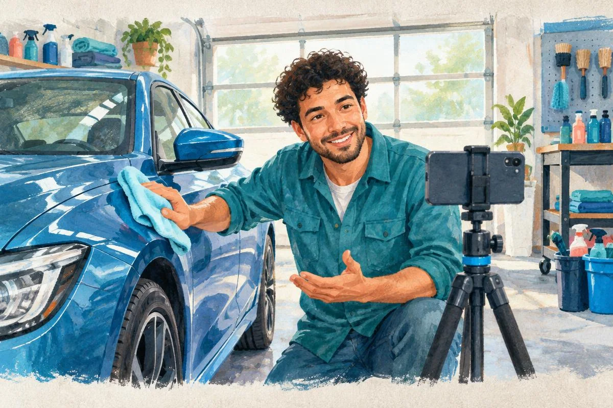 Hector filming a car-detailing demonstration with a cloth and phone tripod.