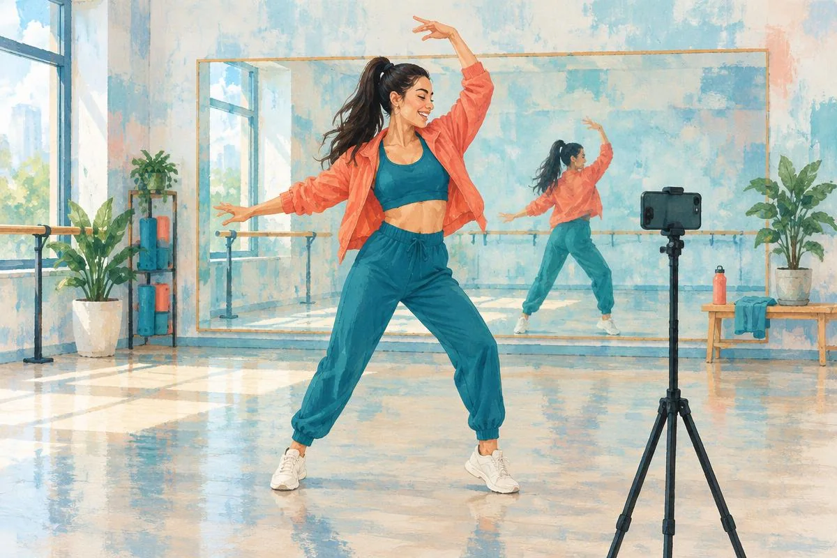Lucía recording her own dance in a bright studio with a phone tripod.