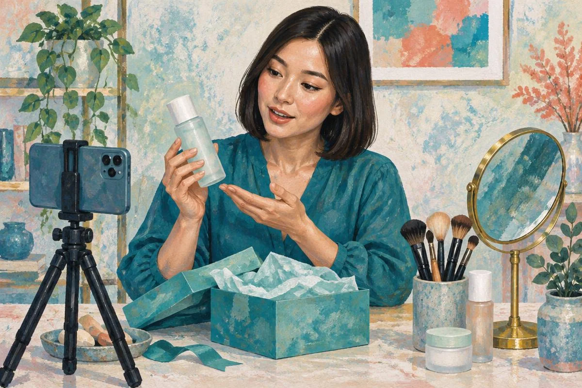 Mei filming a skincare review with a gifted bottle and open gift box.