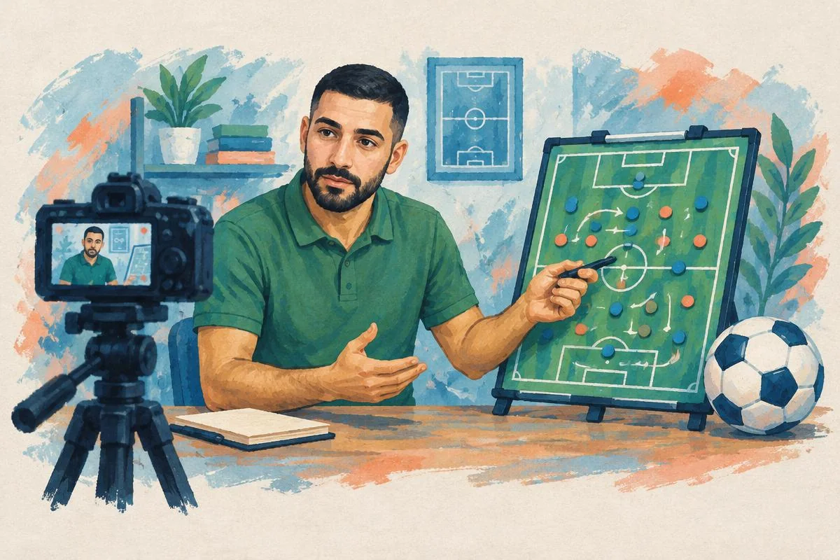 Omar filming his own soccer analysis with a tactics board and soccer ball.