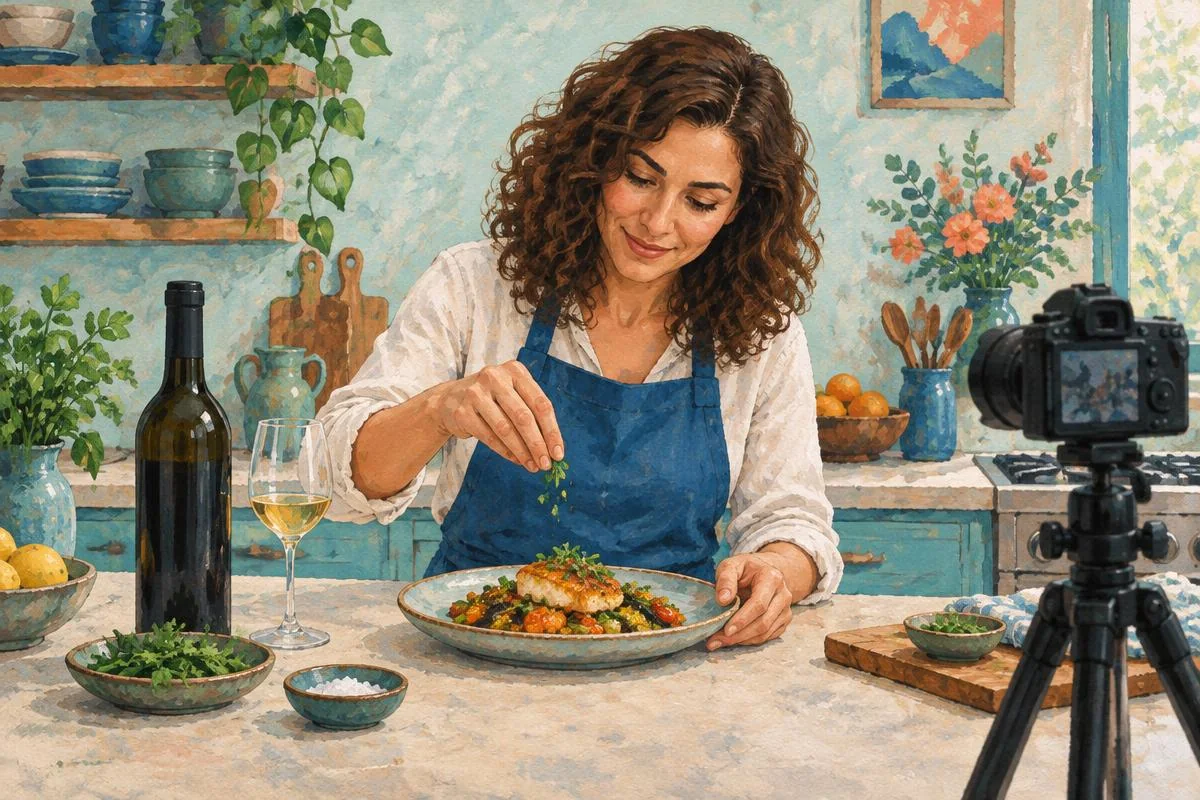 Sofia filming a plated dinner with a wine bottle and glass in an adult culinary setting.